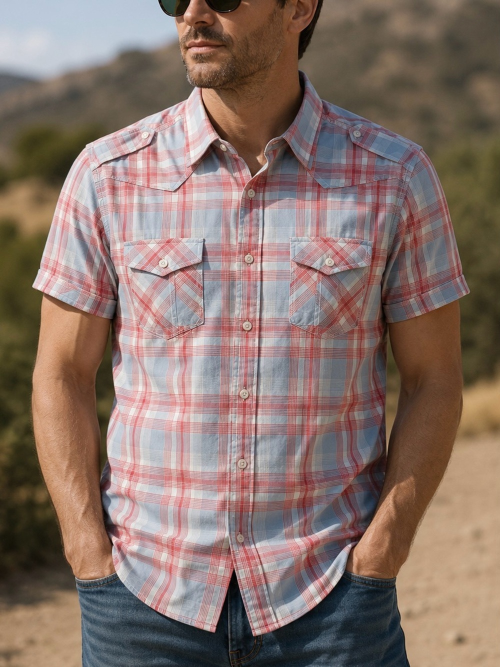 American Rag Pink and Light Blue Plaid Short-Sleeve Button-Down Shirt. Size M